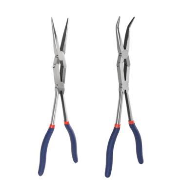 Imagem de ATNHYING Conjunto de alicates de ponta longa de agulha de 33 cm, rebite duplo, garras serrilhadas, dobradas a 45° e nariz de agulha reto, 2 peças, alcance estendido para espaços apertados (2 peças