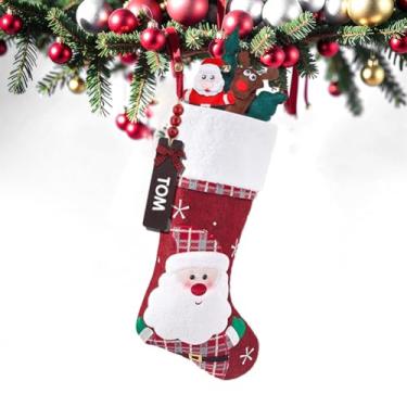 Imagem de Meias de Natal personalizadas com etiquetas de nome, meias vermelhas grandes de Natal de 45,7 cm, bolsa de presente para crianças, lareira, escadas, decoração de árvore de Natal (Santa)