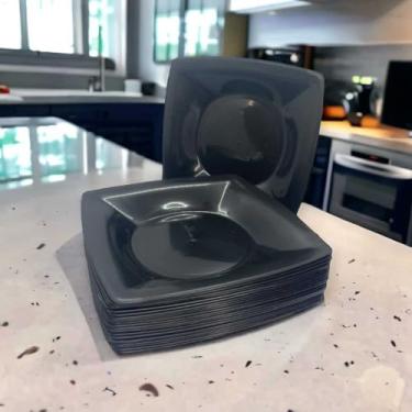 Imagem de Jogo De Pratos 25 PeçAs | Pratos Quadrados Fundos Em PláStico ReutilizáVel E Resistente | Ideal Para Festas, Churrascos, Lanches E Dia A Dia | Cores Variadas(20 Pratos,Preto)