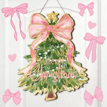 Imagem de Thyle Sinal de porta de Natal, guirlanda de árvore de Natal rosa para porta da frente, lindo laço rosa de madeira, placa de boas-vindas, decorações de Natal, ambientes internos para casa de fazenda