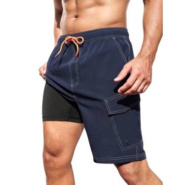 Imagem de Calções de banho SILKWORLD com forro de compressão masculino Dark Navy