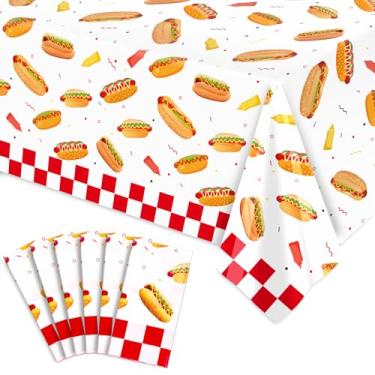 Imagem de Whaline 6 peças de toalha de mesa de cachorro-quente, vermelho, branco, xadrez, descartável, impermeável, retangular, toalha de mesa de plástico para churrasco, piquenique, festa de aniversário, 137 x