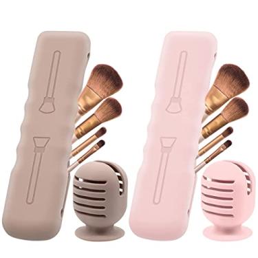Imagem de RWWPJLLWHR Conjunto de 4 peças de pincel de maquiagem e suporte de esponja de silicone macio, estojo de esponjas magnéticas, estojo de pincel de maquiagem portátil, organizador de cosméticos para