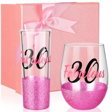 Imagem de Singhoow 2 peças de presente de aniversário para ela taça de vinho sem haste com glitter, decorações de aniversário, lembrancinhas de festa para mulheres, filha, irmã, amigas, colega de trabalho