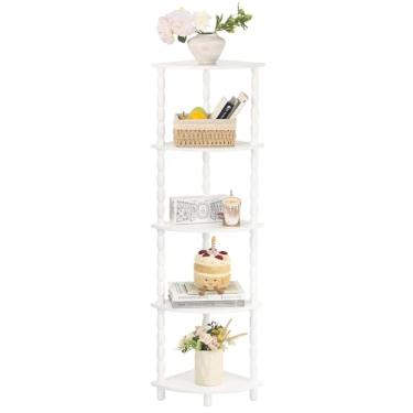 Imagem de MaxSmeo Estante de canto, suporte de prateleira de coner de 5 camadas, prateleiras modernas para plantas de canto com armazenamento, para quarto, banheiro, cozinha, sala de estar (branca)