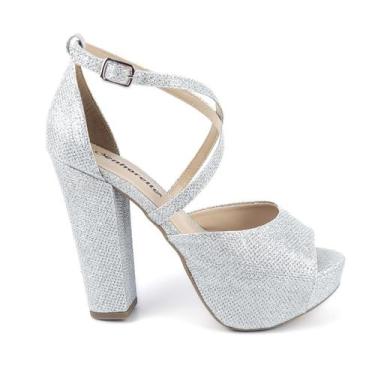 Imagem de Sandália Meia Pata Salto Grosso Trançada - Senhorella, Prata, 37