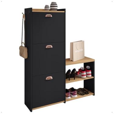 Imagem de Sapateira Vertical 3 Gavetas Banco Prateleira Sapatos Gancho Bolsa Hall Entrada Quarto Dakota - Preto/Hanover - Rpm