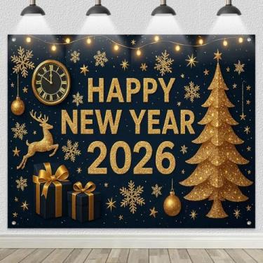 Imagem de HOMETITUTE Faixa Feliz Ano Novo 2026 2,4 x 1,8 m Fundo de Árvore de Natal com Relógio Flocos de Neve Caixas de Presente Luzes de Rena para Decoração de Festas de Férias Interiores e Exteriores