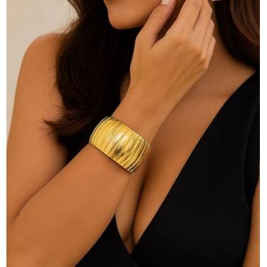 Imagem de Bracelete Grosso Largo Dourado Abaulado Canelado Listra Vintage Anos80