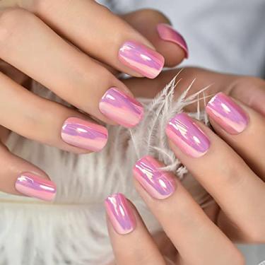 Imagem de Unhas postiças curtas de acrílico rosa metálico para unhas postiças postiças postiças para unhas postiças, kits de manicure