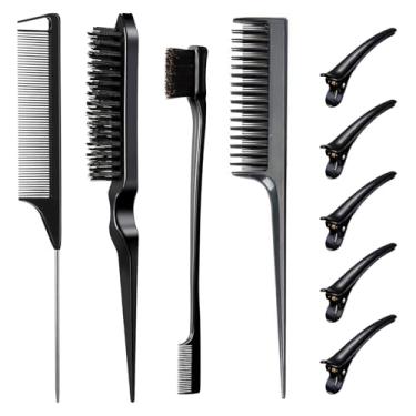 Imagem de Conjunto de 9 peças de pente de cabelo – escova de provocação, pente de cauda de rato e escova de borda para mulheres | Pentear as costas, pentear e pentear (preto)
