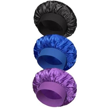 Imagem de 3 peças de gorro de seda feminino, touca de banho encaracolada com elástico, preto, azul e roxo