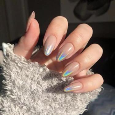 Imagem de Nude Press on Nails Unhas postiças de amêndoa média 24 peças unhas de amêndoa prensa em unhas de acrílico brilhante prensa cobertura completa cola nas unhas conjunto de unhas postiças com glitter