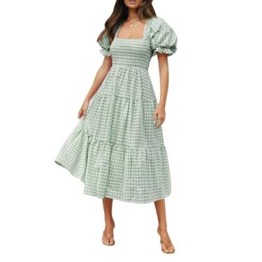 Imagem de ZESICA Vestido midi feminino 2025 boêmio de verão xadrez gola quadrada manga bufante babados rodado praia, Verde, PP