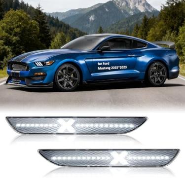 Imagem de 2 peças de luzes de marcador de para-choque traseiro para Ford Mustang 2015-2023: refletores laterais de para-choque de lente transparente com luzes brancas estilo X, lâmpadas de estacionamento à