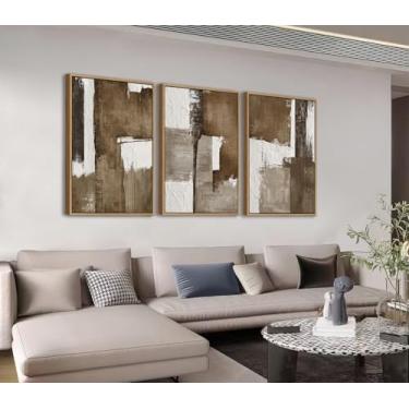 Imagem de Shoci Tela grande emoldurada abstrata marrom e branco arte de parede moderna blocos de cores textura impressão de imagem flutuante natural emoldurada decoração de arte minimalista para sala de estar