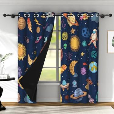 Imagem de ZJRBJB Cortinas Star Galaxy Space Planets Rocket Navy Spaceman Blinds Light Filtering Window Treatment for Living Room Total Playroom Blackout Curtain 2 painéis drapeados com ilhós 137 cm L x 213 cm C