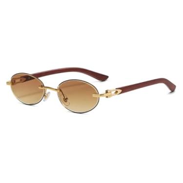 Imagem de HCPIHF Óculos de sol vintage sem aro oval feminino para homens, armação de metal punk de luxo com rebites e haste de grão UV400 (dourado-marrom)