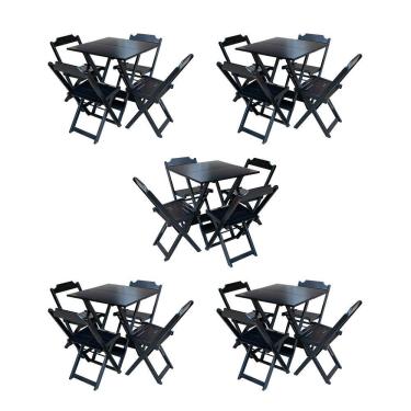 Imagem de Kit 5 Conjuntos De Mesa Dobravel Com 4 Cadeiras De Madeira 70X70 Para Restaurante E Bar - Preto