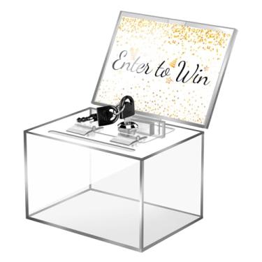 Imagem de EVELOMO Caixa de doação de acrílico com fechadura e chave, caixa de sorteio transparente e bloqueável, caixas de sugestão de urnas com suporte de sinalização - Inclui cartões de entrada para ganhar de