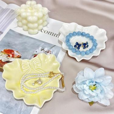 Imagem de Bandeja de louça de cerâmica, prato de joias, bandeja de anel, prato de bugiganga para brincos, colares, pulseiras chaves, bandeja de joias pequena e fofa com laço de coração, presente decorativo para