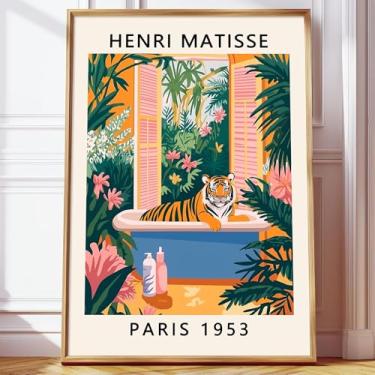 Imagem de Matisse Animal Wall Art Funny Animal Bathroom Posters Tropical Botanical Painting Matisse Wall Art Estética Tigre Imagem Boho Eclético Animais Impressões Bonito Tigre Banheiro Tela 40,6 x 61 cm Sem