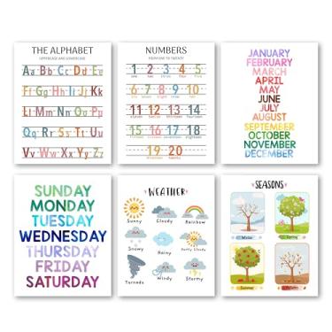 Imagem de Bgohrd Pôster minimalista com números do alfabeto, tabela de dias e meses para decoração de sala de aula, pôster de aprendizagem de estações meteorológicas para jardim de infância pré-escolar