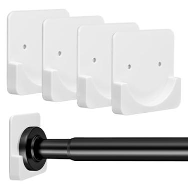 Imagem de 4 peças de suporte de haste de chuveiro, suporte de haste de cortina de tensão sem perfuração, suporte de haste de chuveiro adesivo para parede, varões de chuveiro adesivos retentores de cortinas de