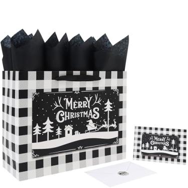 Imagem de Conjunto grande de sacolas de presente de Natal de 33 cm com alças, cartão comemorativo, papel de seda preto e adesivos para presentes, decorações, festas de aniversário, design de Feliz Natal, 1 peça
