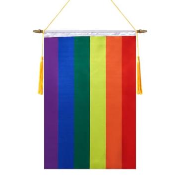 Imagem de TMHTMH Bandeira de parede arco-íris de 45,7 x 30,5 cm, poste de madeira e acabamento acetinado duplo, bandeira pendurada gay LGBTQ, para sala de casa, sala de aula escolar, clube e porta