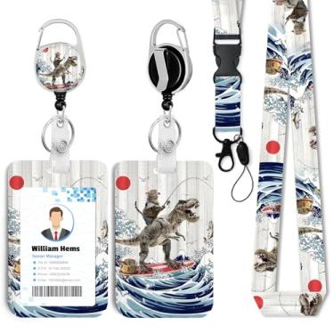 Imagem de Porta-crachá engraçado de gato surfando montando um dinossauro com cordão breakaway e carretel retrátil resistente - chaveiro mosquetão giratório de 360° para mulheres, estudantes, professores