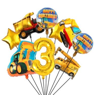 Imagem de 9 peças de decorações de festa de construção, artigos de festa de aniversário, grande, dourado, escavadeira, guindaste, caminhão, trator, balões temáticos, decorações de 3º aniversário para meninos