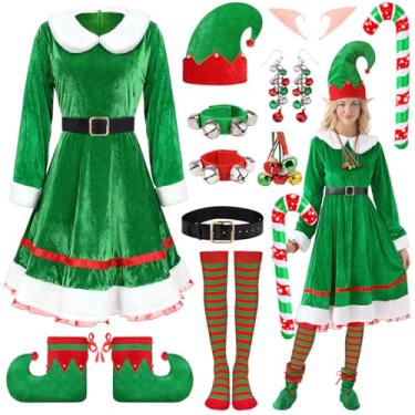 Imagem de VillbeCoser Fantasia de elfo de Natal para mulheres, vestido de veludo verde de Natal, fantasia de ajudante de Papai Noel, fantasia de elfos fofos, acessórios para cosplay, 10 peças (meias vermelhas e