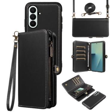 Imagem de Asuwish Capa tipo carteira transversal para Samsung Galaxy Z Fold 7 5G 2025 magnética destacável couro PU capa de telefone porta-cartões flip zíper alça bolsa ZFold7 Z7 G Fold7 ZFold 7Z feminina preta