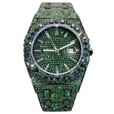 Imagem de DAXIAOYU Relógios masculinos de quartzo preto, calendário moderno, ponteiros luminosos, pulseira hip hop, mostrador completo de strass, relógio de pulso masculino de diamante, Verde