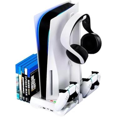 Imagem de Suporte PS5 com Ventoinhas de Resfriamento, Estação de Carregamento Rápido para 2 Controles, Organizador 12 Jogos, Hub USB, Base Vertical PlayStation 5 Cooler Silencioso e Proteção Completa