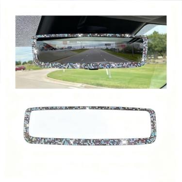 Imagem de FALVFUN Espelho retrovisor de carro brilhante, strass de cristal, diamante borda grande angular espelho retrovisor de veículo, decoração de interior automotivo panorâmica de encaixe, universal para