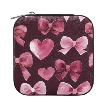 Imagem de SEHANY Caixa de joias personalizada com laço rosa para mulheres, meninas, mini estojo de joias de couro PU, organizador de joias de viagem, caixa de joias para brincos, anéis, colares, presentes para