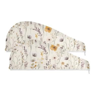 Imagem de SEHANY Toalha de cabelo de microfibra de flores coloridas elegantes para mulheres, 2 peças, turbantes de cabelo de secagem rápida com botão, touca de cabelo seco absorvente toalha de secagem de cabelo