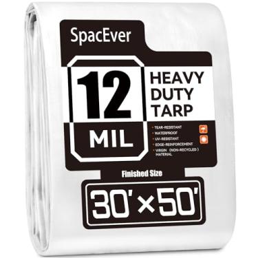 Imagem de Lona resistente de 30 x 50 pés, lona grande de 12 mil de espessura à prova d'água com ilhós, resistente a UV e rasgos, capa de plástico para barraca de telhado de piscina, lenha ao ar livre, branca