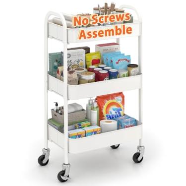 Imagem de Sekey Carrinho de rodinhas de metal, sem parafusos, carrinho utilitário sobre rodas, carrinho de armazenamento resistente com rodas bloqueáveis para berçário, banheiro, cozinha, lavanderia, branco