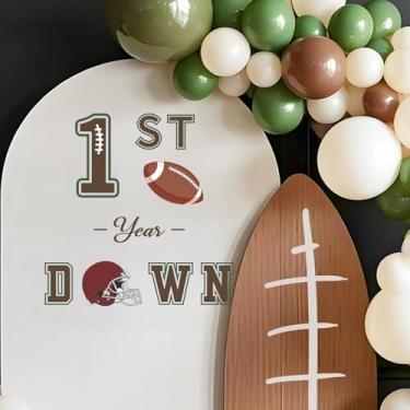 Imagem de LHIUEM Decalques de aniversário 1ST Year Down Baby Boy One First Year Down Football Birthday adesivos de inspiração para balões arco pano de fundo marrom verde futebol primeiro decalque para presente