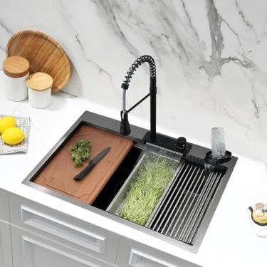 Imagem de Pia de cozinha em cascata preta com enxágue de vidro, pia de cozinha Jshozzy 83 x 55 cm com torneira combo tigela única estação de trabalho multifuncional calibre 16 preto aço inoxidável moderno bacia