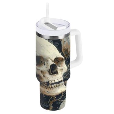 Imagem de Kigai Copo de caveira de ramo de 850 g com tampa e canudo, copo isolado de aço inoxidável durável à prova de vazamento com alça, garrafas de água à prova de derramamento para viagens