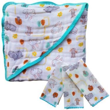 Imagem de Kit Bebê Completo Toalha de Banho Soft com Capuz + 3 Paninhos de Boca 100% Algodão (Urso Neutro)