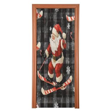 Imagem de Wassud Capa de porta de Natal para decoração de banner 81 x 199 cm grande Papai Noel nos esquis, capa elástica para porta interna para varanda e porta da frente