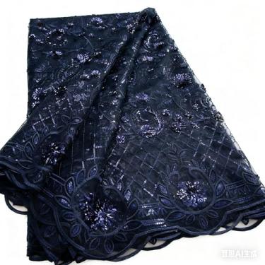 Imagem de Gdsshuhung Tecido de renda africana com lantejoulas 3D e crochê, tecido bordado de tule francês de 5 metros para vestido de casamento, vestido de festa, projetos de costura diários (azul)