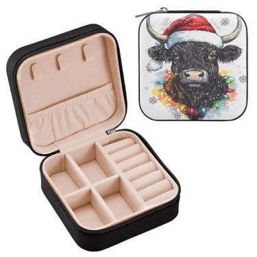 Imagem de Wassud Estojo de joias de viagem de vaca Highland de Natal para mulheres, meninas, senhoras, noiva, mini organizador de joias de couro PU, caixa quadrada de armazenamento de joias para brincos, anéis