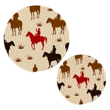 Imagem de Wassud Trivet de cowboy divertido para pratos quentes, suportes redondos de algodão, almofadas quentes, porta-copos elegantes, decoração de cozinha e acessórios, 2 peças