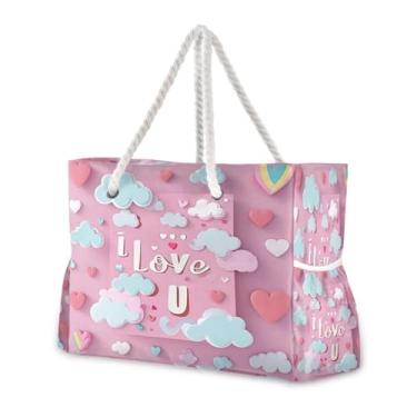 Imagem de Wassud Bolsa de praia linda amor grande bolsa de praia para mulheres, impermeável, à prova de areia, bolsa de viagem com zíper e bolso para piscina, academia, acampamento